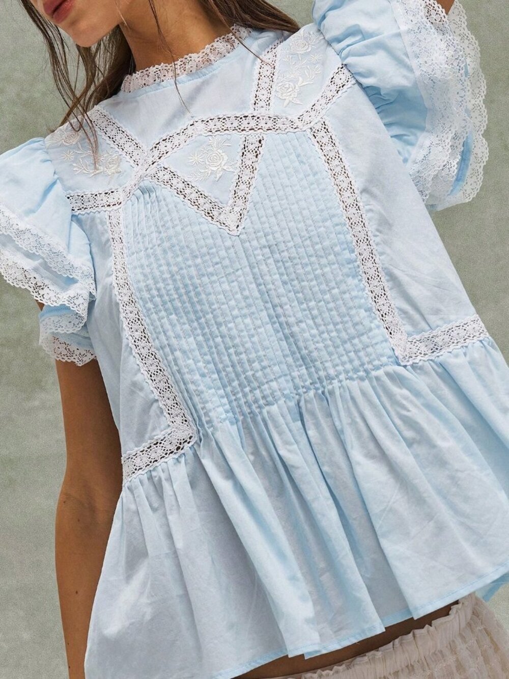 Blue Cottagecore Boho Women's Embroidered Ruffled Patchwork Blouse - Picture 8 of 8